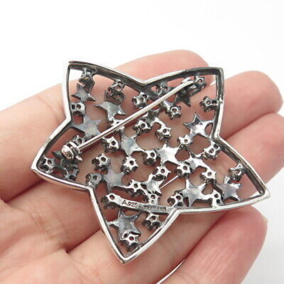 925 Sterling Silver Real Marcasite Gemstone & C Z Star Pin Brooch - Picture 2 of 8